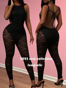 Slaydiva Women's Lace Jumpsuit, Sleeveless Round Neck Sexy Streetwear For Party And Music Festival, Spring/Summer - Black - View 1