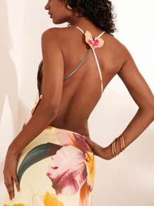 Opulessa Women's Halter Sleeveless Maxi Dress: Multicolor Woven Fabric With Criss-Cross Back Detail And Mermaid Hem - Multicolor - View 8