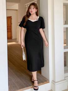 Dazy Plus Backless Sexy High Slit Black Dress - Black - View 2