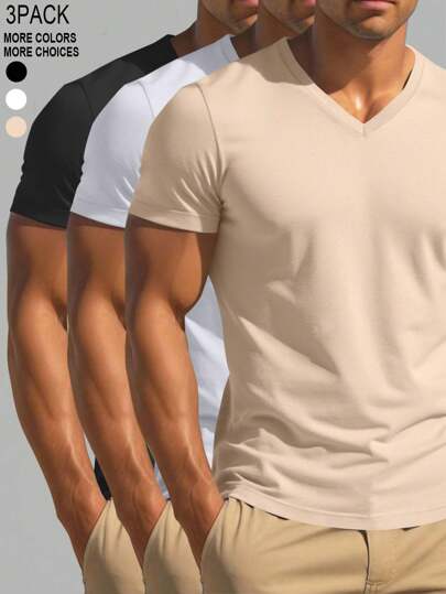 Manfinity Homme 3-Pack Men's Fashion Casual Solid Color V-Neck Short-Sleeved Fitted T-Shirts, Men's Casual T-Shirts, Men's Short-Sleeved T-Shirts. Suitable For Spring And Summer. Comfortable Fabric And Excellent Workmanship Tee. Suitable For Daily Wear, Going Out, Vacation, Party, Commuting, Sports. Can Be Used As A Gift For Yourself, Boyfriend, Husband, Friends. Multi-Pack Combination Is Suitable For Family Wear