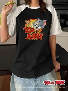 TOM AND JERRY X DAZY Women's IP Collab Color Block Raglan Sleeve Cartoon Graphic Print T-Shirt Cute Tops - Black - View 3