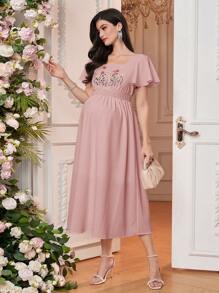 SHEIN 孕妇夏季优雅花卉刺绣连衣裙 - 粉色 - 查看 7