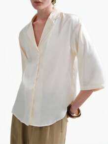 Aalyst Fall For Women Baggy Blouse Shirt Top Beige Casual Basic Festival Going Out Graduation Silk. - Apricot - View 1