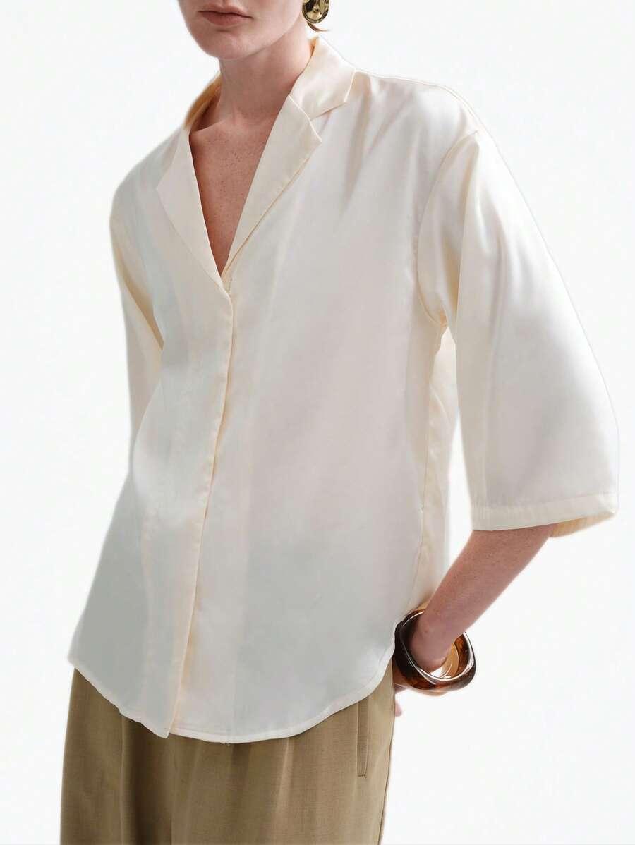 Aalyst Fall For Women Baggy Blouse Shirt Top Beige Casual Basic Festival Going Out Graduation Silk. - Apricot - View 1