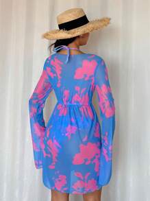 Elenzga Vestido playero informal de 2025 con estampado multicolor aleatorio, cuello en V, cintura alta con cordón, mangas extra largas con puño con abertura, estilo de vacaciones para damas