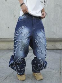 Manfinity EMRG Men's Casual Blue Loose Fit Distressed Pockets Wide Leg Jeans Baggy Jeans Men Design
