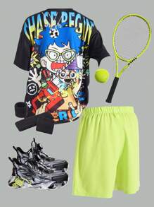 SHEIN 2pcs/Set Teen Boy & Teen Boys' Cartoon Graphic Loose Fit Crewneck T-Shirt And Solid Shorts Knit Outfit, Summer, Streetwear, Gym, Casual School Sports Set - Multicolor - View 1