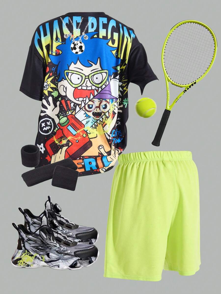 SHEIN 2pcs/Set Teen Boy & Teen Boys' Cartoon Graphic Loose Fit Crewneck T-Shirt And Solid Shorts Knit Outfit, Summer, Streetwear, Gym, Casual School Sports Set - Multicolor - View 1