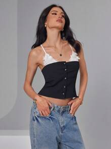 Roylia 3D Floral, Colorblock Splice 3D Embroidered Collar, Contrast Color, Fitted, 2 In 1 Style, Cardigan, Spaghetti Strap, Splice Collar, Metal Button, Holiday, Party, Vacation, Elegant, Luxurious, Sexy, Romantic, Commute, Casual, Y2K, Sexy Girl, Women's Regular Camisole, Spring/Summer - Black and White - View 6
