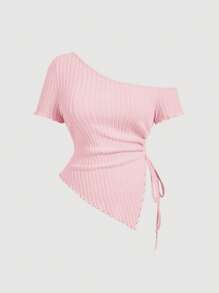 SHEIN MOD 大码女式粉色抽绳不对称下摆 T 恤、露肩 T 恤、秋季女装、舒适 T 恤 - 粉色 - 查看 1