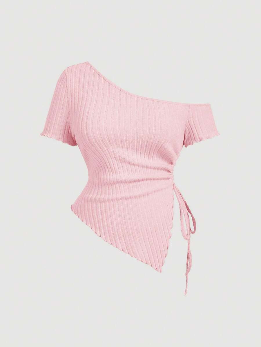 SHEIN MOD 大码女式粉色抽绳不对称下摆 T 恤、露肩 T 恤、秋季女装、舒适 T 恤 - 粉色 - 查看 1