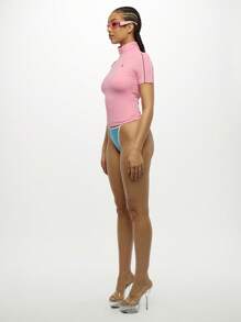 SUMWON WOMEN Half Zip Mock Neck Sporty Slim Fit Crop Top Casual Active Spring Summer Short Sleeve Polo - Pink - View 4