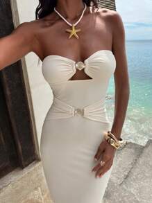 Opulessa Women's Boho Maxi Dress, Apricot Knitted Strapless Semi-Sheer Dress With Seashell Ring Detail, Sleeveless Beach Dress,Sexy Elegant Party,Graduation,Prom,Luxury Evening,Autumn Winter Clothes For Women,  Christmas Outfit For Women, National Day,  New Year Clothes,  Going Out Outfit, Wedding Guest