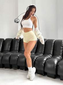 SHEIN EZwear Leggings courts plissés décontractés polyvalents avec taille élastique de couleur unie pour femmes - Nude - Voir 4