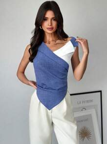Firerie Blusa elegante y sencilla sin mangas de color azul y blanco de corte asimétrico, adecuada para ir al trabajo, uso diario y vacaciones