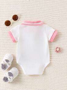 SHEIN Playful Pals 女婴平领袖口前扣刺绣连体衣，夏季 - 白色 - 查看 2