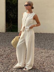 DAZY 女士夏季简约纹理背心和阔腿裤套装 商务休闲装 - 米色 - 查看 4