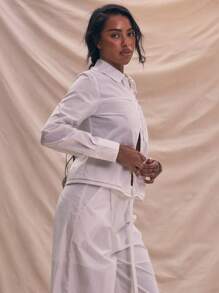 MUSERA ملابس علوية أبيض له أزرار للقطع مع ربطة في الذيل، تاب مناسب للربيع والصيف، كاجوال أنيق