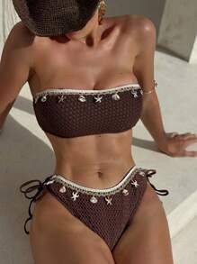 Swim SXY Costume da bagno elegante a due pezzi da donna con bretelle a spaghetti, colore tinta unita, casual, da vacanza, sexy