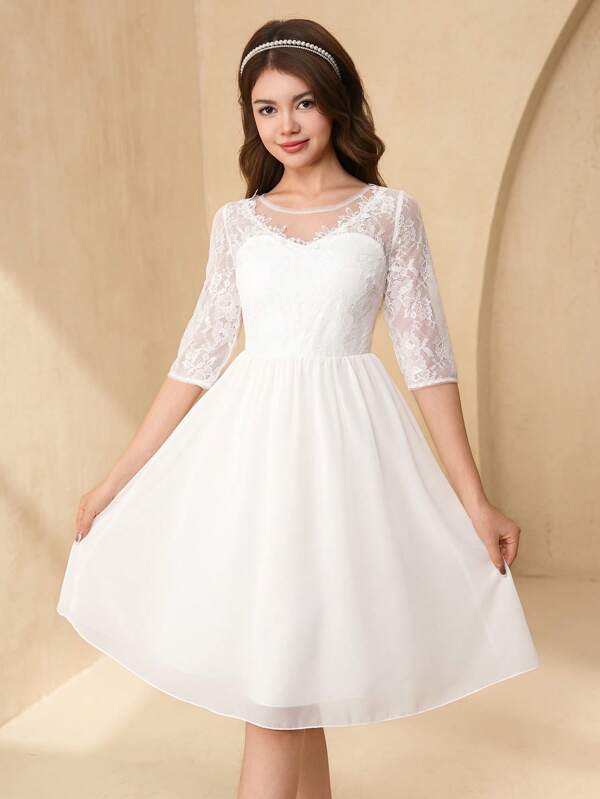 SHEIN Teen Girls Bridesmaid Lace & Chiffon Patchwork Short Sleeve Dress, Elegant Style For Flower Girl, Birthday Party, Wedding Ceremony