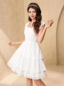 SHEIN 少女方领褶袖层叠下摆连衣裙，优雅派对婚礼宾客小伴娘礼服