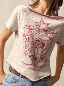 Bohemela 1 pieza Camiseta de mujer de unicolor, de manga corta, cuello de escote redondo, ajustada y lavada