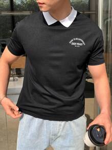 SHEIN Teen Boys' Polo Collar Black & White Splicing Tiny Graphic Casual T-Shirt, Comfortable, Fashionable, Versatile, Suitable For Daily Wear, School, Travel, Exercise, Vacation - Black and White - View 6