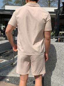 SHEIN Leap Crew 2pcs Teen Boys Casual Short Sleeve Shorts Set, Street Punk Rock Academy Outfit For Daily Wear, Party, Music Festival, Suitable For Spring/Summer Seasons - Apricot - View 2