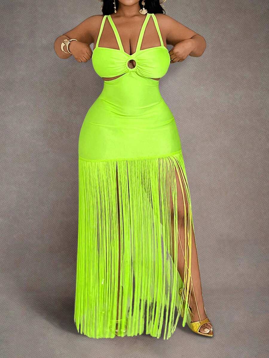 Slaydiva Plus Size Women Hollow Out Tassel Trim Dress, Vacation Style - Green - View 1