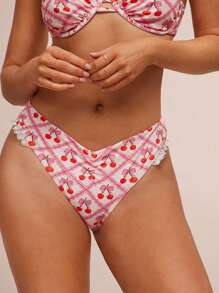 WESTFADE Summer Mixed Cherry & Bows Print Ruched Low V Shape Waist Ruffle Lace High Cut Leg Bikini Bottoms Spring Beach Vacation - Pink - View 1