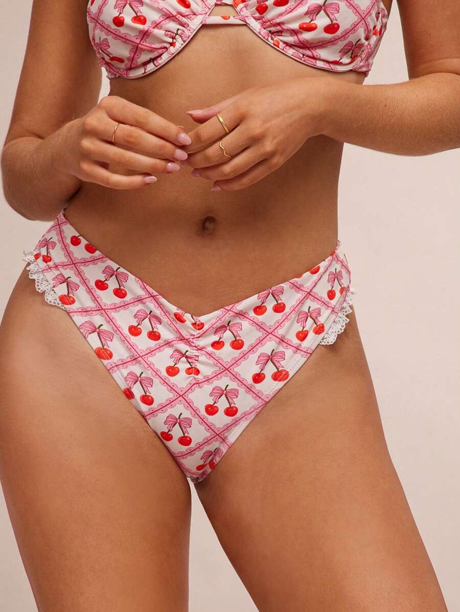 WESTFADE Summer Mixed Cherry & Bows Print Ruched Low V Shape Waist Ruffle Lace High Cut Leg Bikini Bottoms Spring Beach Vacation - Pink - View 1