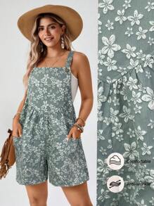 SHEIN LUNE 大码女式波西米亚风夏季卡其色提花面料无袖吊带裤带侧袋专为日常休闲连体裤设计 - 薄荷綠 - 查看 1