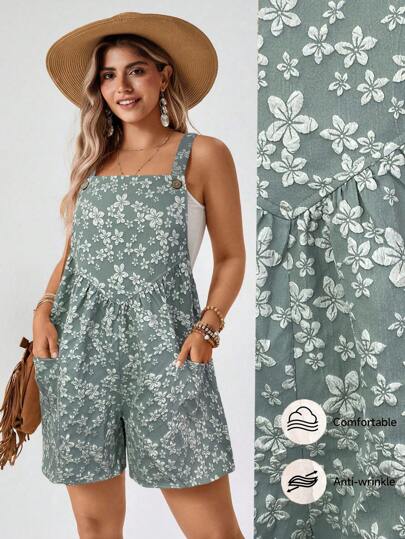 SHEIN LUNE 大码女式波西米亚风夏季卡其色提花面料无袖吊带裤带侧袋专为日常休闲连体裤设计