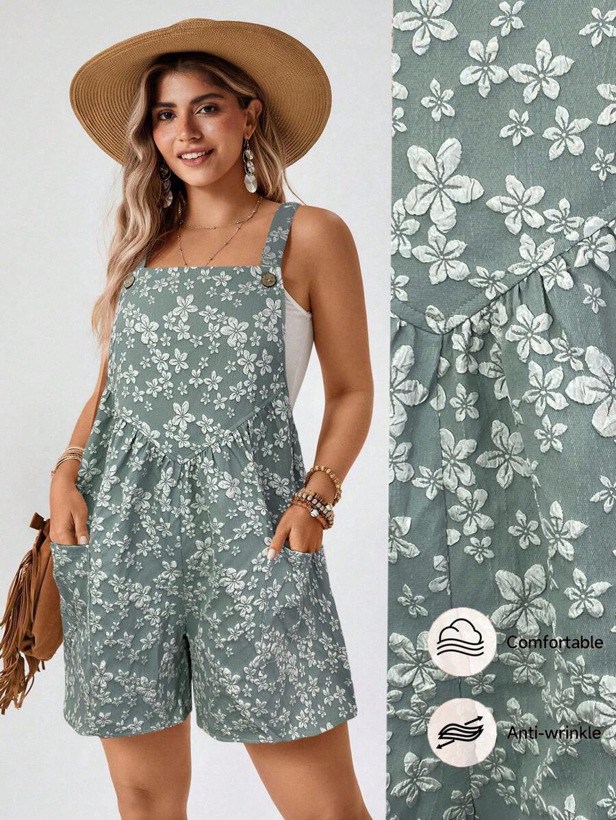 SHEIN LUNE 大码女式波西米亚风夏季卡其色提花面料无袖吊带裤带侧袋专为日常休闲连体裤设计 - 薄荷綠 - 查看 1