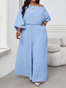 SHEIN Lady Autumn And Winter Elegant Vintage Work Casual Office Champagne Woven Off The Shoulder Ball Gown Bishop Sleeve Backless New Product Plus Size Jumpsuits
