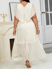 SHEIN Clasi 大码女式纯色撞色蕾丝V领蝙蝠袖短袖优雅连衣裙大码夏季连衣裙大码礼服母亲节妈妈母亲节礼物 - 杏色 - 查看 2