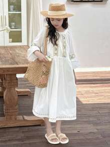 DAZY Tween Girls Solid Color Long Sleeve Crew Neck Casual Dress, Suitable For Summer,Back To School Clothes