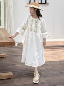 DAZY Tween Girls Solid Color Long Sleeve Crew Neck Casual Dress, Suitable For Summer,Back To School Clothes