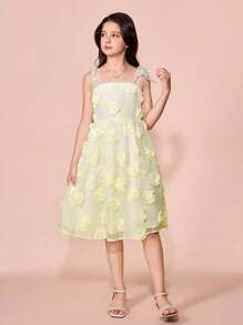 Tween Girls Elegant Summer Apricot Floral Organza Camisole Dress - Apricot - View 6