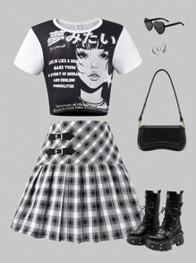 SHEIN Explorewe 女童卡通图案上衣和格子百褶裙两件套服装 - 白色 - 查看 1