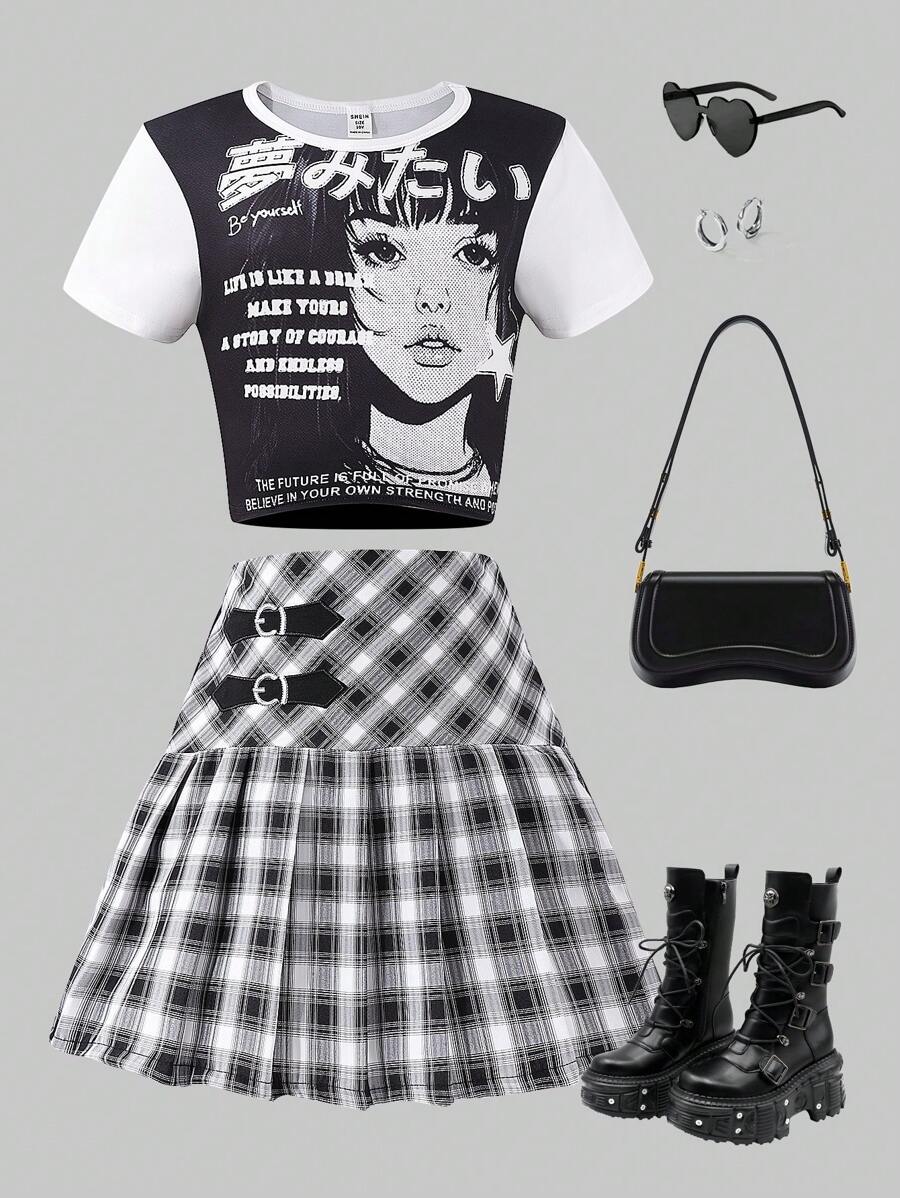 SHEIN Explorewe 女童卡通图案上衣和格子百褶裙两件套服装 - 白色 - 查看 1