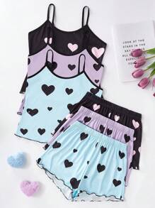 6 件套 Tween 女童多色吊带背心和短裤，包括：纯紫色配黑色心形、黑色底色配粉色心形、牛仔蓝绿色配黑色心形，可调节金属扣，非常休闲舒适的材料 - 彩色 - 查看 3