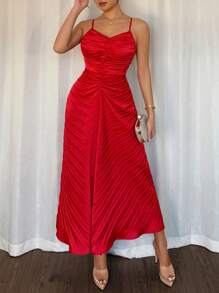 Elenzga Women's Elegant Summer Red Satin Party Dress, Vintage Ruffled Strap Backless Sleeveless A-Line High Cinched Waist Mid-Length Casual Dress - Red - View 4