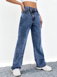 EMERY ROSE Women's Casual Asymmetrical Pockets Straight Leg Jeans - Dark Wash - View 4