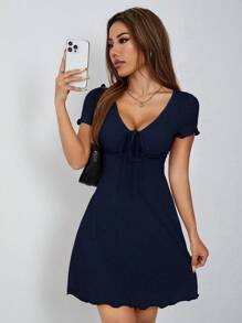 SHEIN PETITE 生菜叶饰边抽绳结饰前部夏季女装黑色连衣裙 - 藏蓝色 - 查看 5