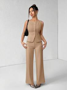 SHEIN PETITE Conjunto elegante de oficinista de unicolor con chaleco de cuello redondo de un solo botón y pantalones para mujer, traje de oficina de verano y otoño, ropa de mujer, conjunto de negocios casuales, dos piezas, conjuntos de blazer de mujer para otoño - Camel - Ver 4