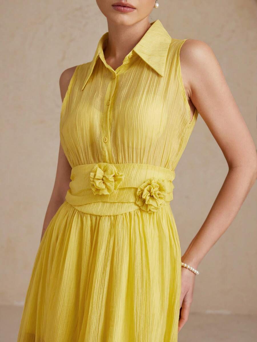 Aveloria Rosie 优雅的金丝雀黄色长裙，腰间碎花装饰，优雅休闲风 - 黃色 - 查看 1