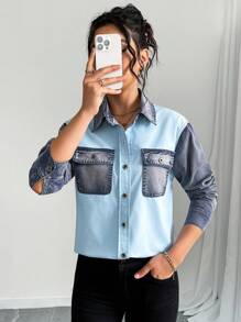 EMERY ROSE Color Block Long Sleeve Casual Denim Shirt - Blue - View 4