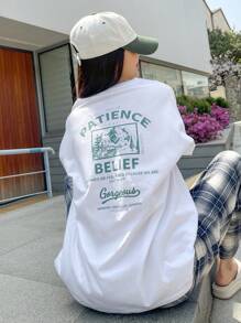 DAZY 山与口号图案落肩T恤 PATIENCE ONE GOOD TIME BELIEF 华丽 SOMETIME BRINGING YOU A Cool SUMMER THIS IS OUR TIME 超大T恤 - 白色 - 查看 5