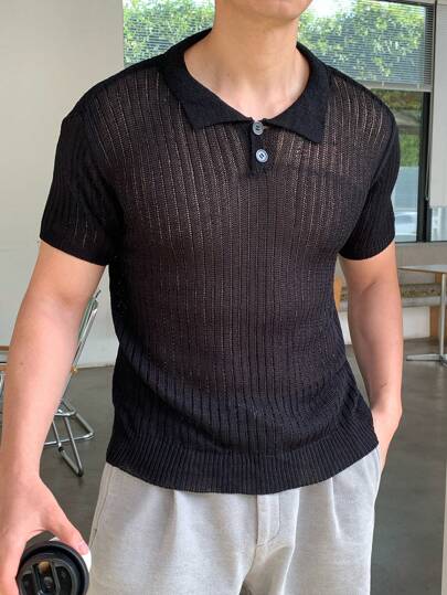 SHEIN Teen Boys' Casual Short Sleeve Polo Shirt, Black T-Shirt, Sports, Street, Punk, Rock, Collegiate Everyday Wear, Party, Music Festival, Suitable For Spring & Summer